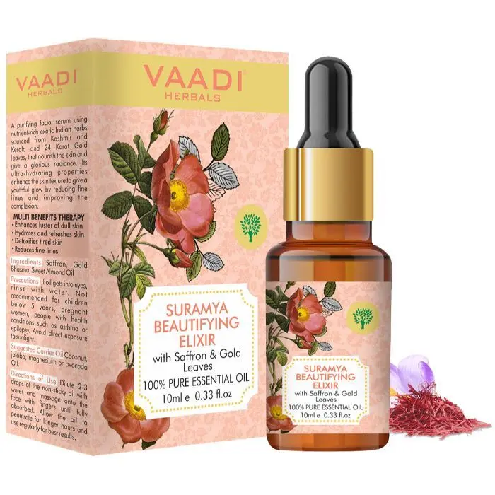 Vaadi Herbals Suramya Beautifying Elixr (Pure Mix of Saffron, 24k Gold Leaves & Sweet Almond Oil) - Reduces Fine Lines, Improves Skin Complexion & Gives a Natural Glow