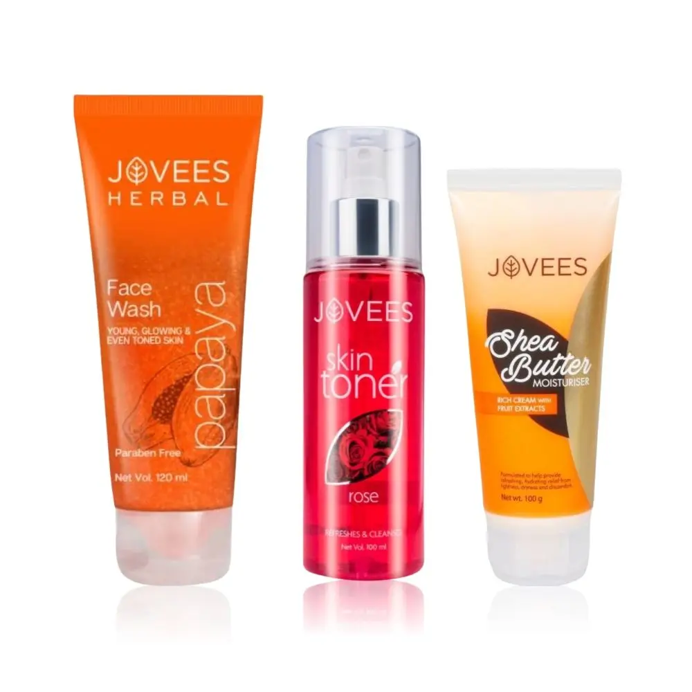 Jovees CTM Combo | Papaya Face Wash 120 ml | Rose Skin Toner 100Ml | Shea Butter Moisturizer 100gm