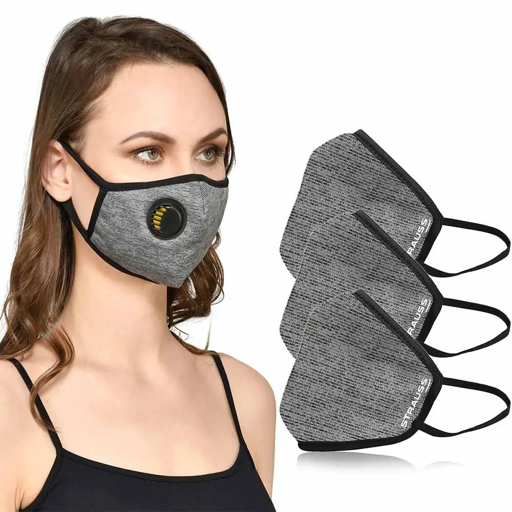 Strauss Unisex Anti-Bacterial Protection Mask with Black Vent,  Medium, Grey (Pack of 3)