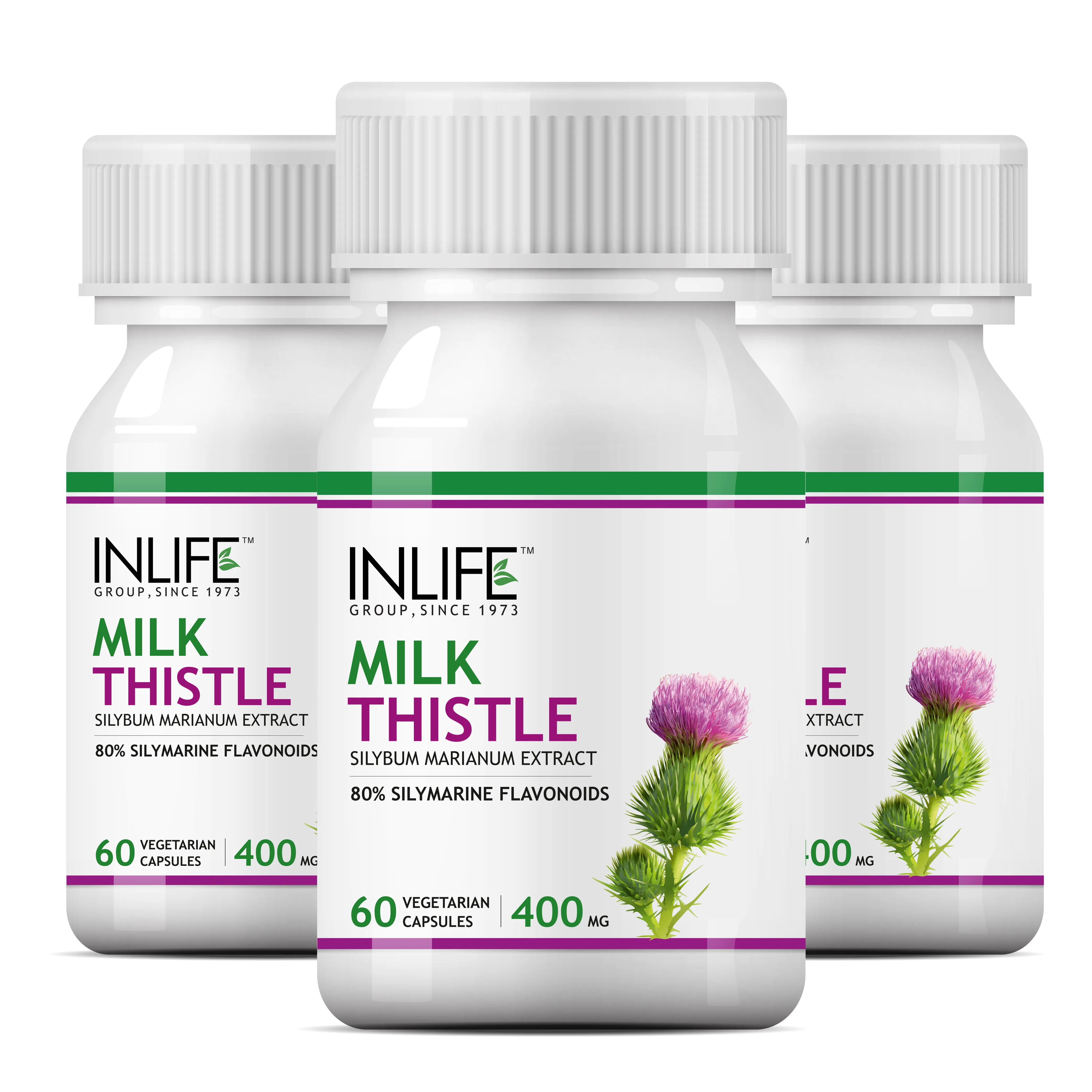 INLIFE Milk Thistle (80% Silymarin) 400mg Liver Cleanse Detox Support Supplement Pack Of 3