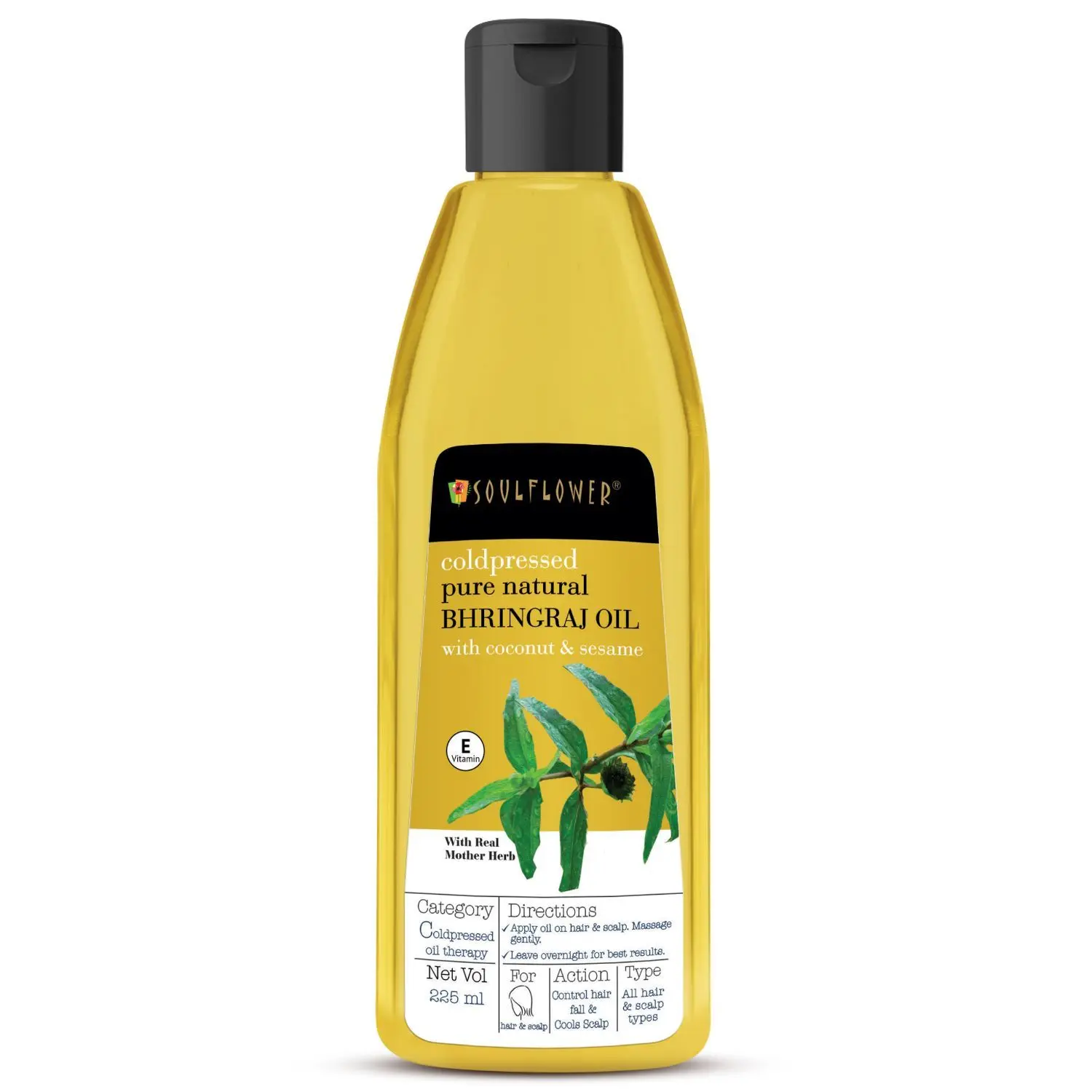 Soulflower Coldpressed Bhringraj Hair Oil With Coconut and Sesame for damaged, frizzy hair, premature greying, baldness & hair loss , 100% Pure and Natural, Herby, 225ml