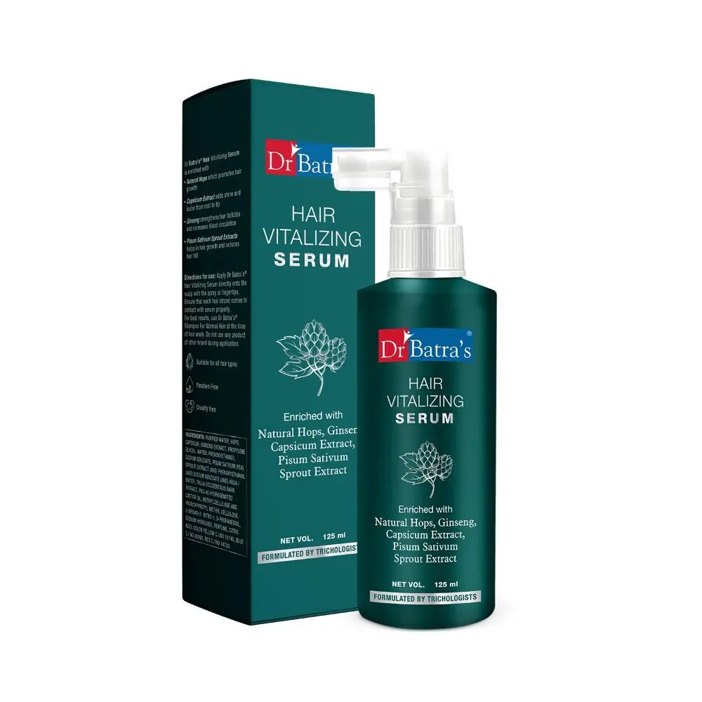 Dr Batra’s Hair Vitalizing Serum. Helps hair growth. Reduces hair fall. Balances hair cycle. Enriched with Thuja, Hops, Ginseng, Capsicum, Pisum sativum sprout extract. Suitable for men, women. 125 ml.