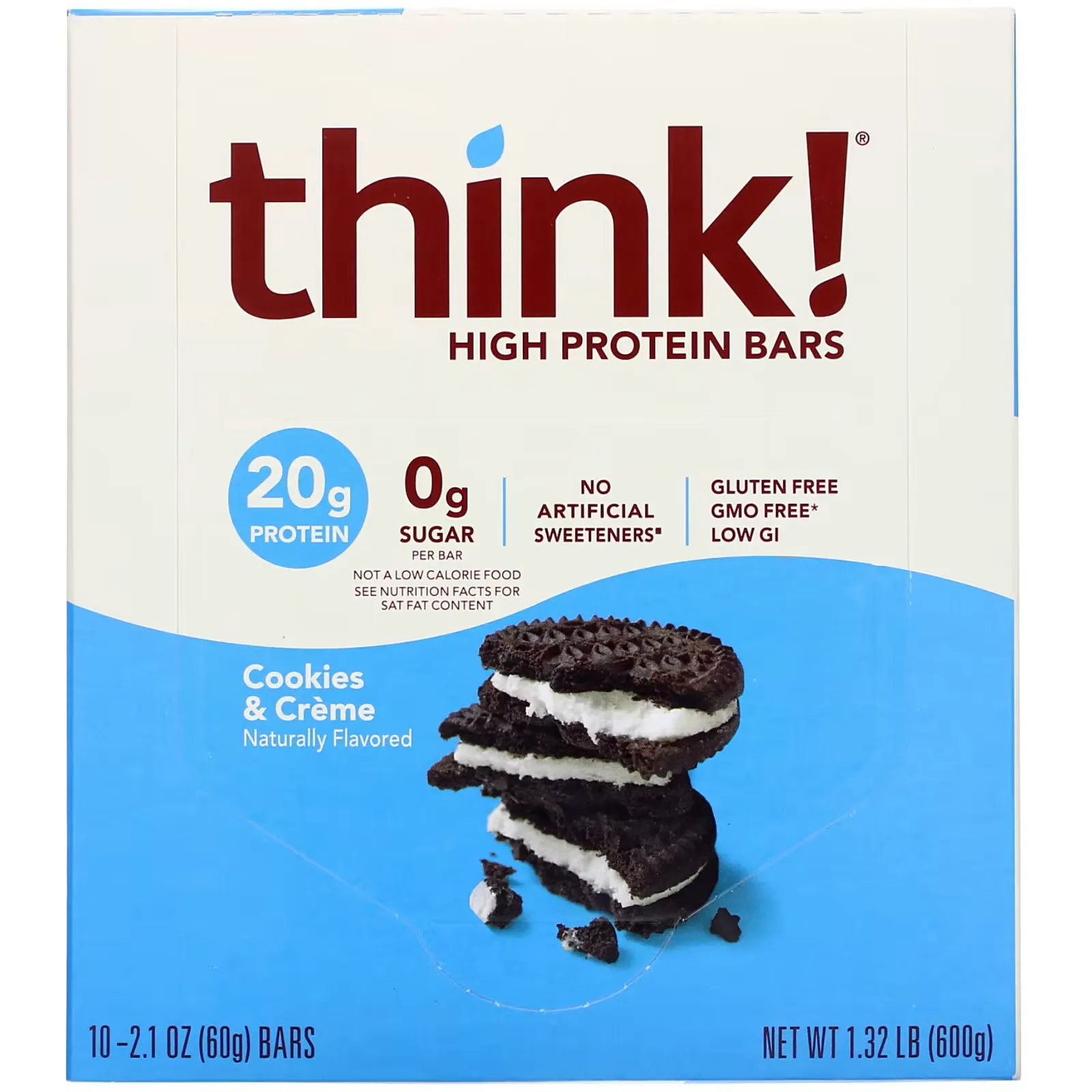 High Protein Bars, Cookies and Cream, 10 Bars, 2.1 oz (60 g) Each