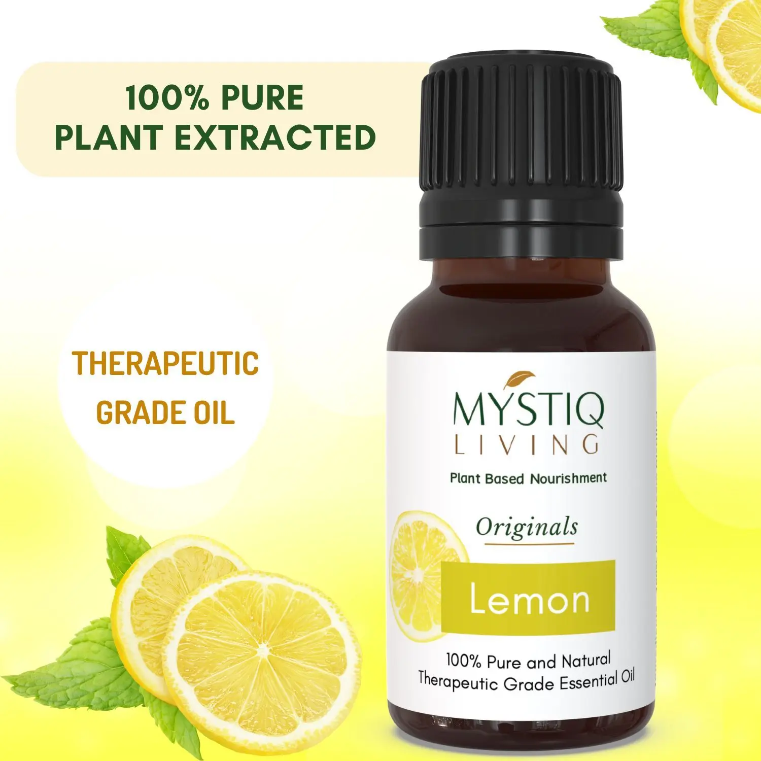 Mystiq Living Originals - Lemon Essential Oil 100% Pure, Natural, Undiluted & Therapeutic Grade for Hair Dandruff, Aromatherapy, Skin Pigmentation & Lightening - 15ml