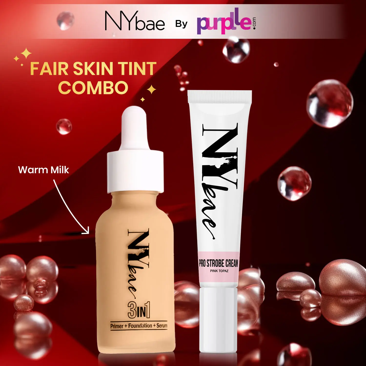 NY Bae Strobe Skin Tint Combo - Fair Skin | Strobe Pink Topaz | Warm Milk Foundation | Skin Tint | Glowy Korean Skin | Fair Skin Tone | Everyday Makeup Kit