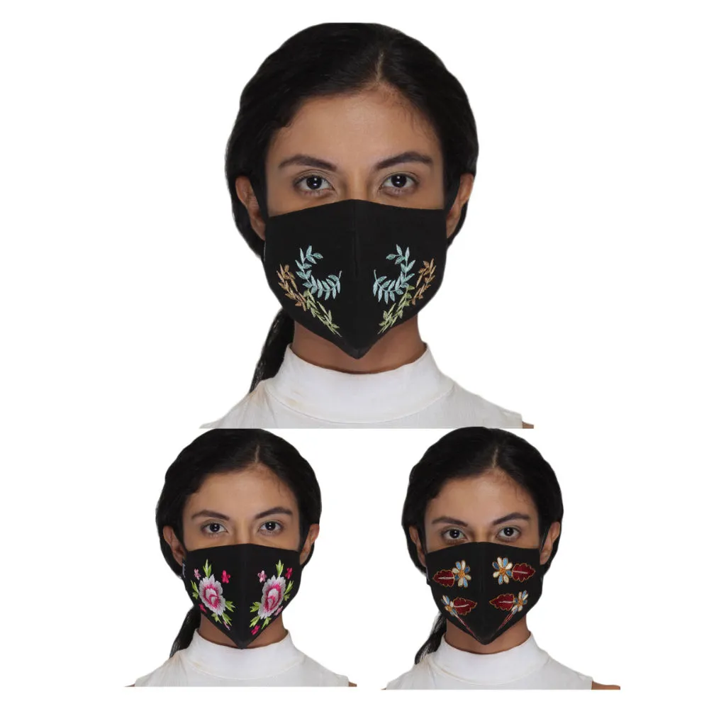 Anekaant Pack Of 3 Black & Multicolor 3-Ply Reusable Cotton Embroidered Fabric Fashion Mask