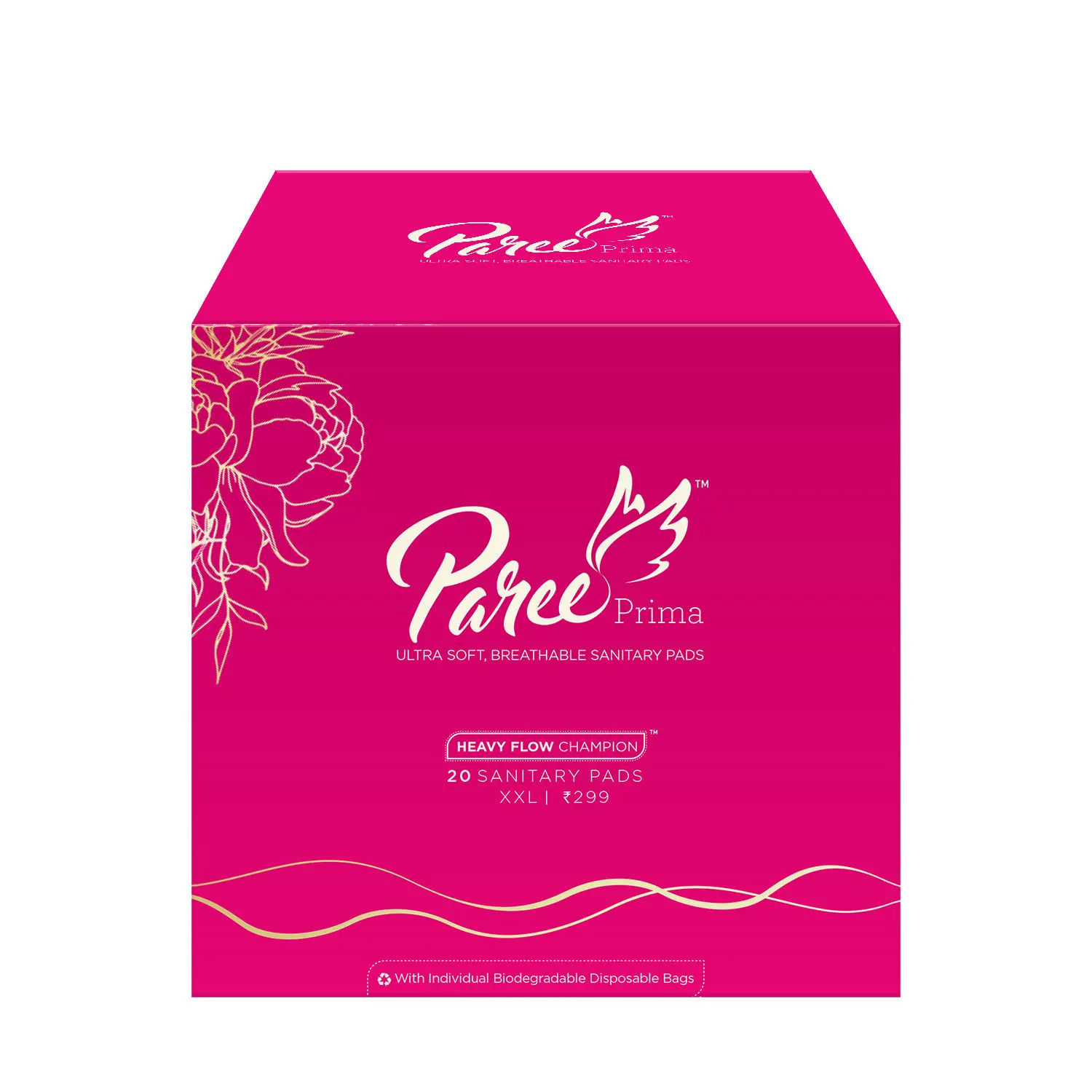 Paree Prima Premium Ultra Soft Sanitary Pads for Women with Breathable Back Sheet And Super Soft Top Sheet for Heavy Flow, XXL| Biodegradable Disposable Bags, 20 Pads