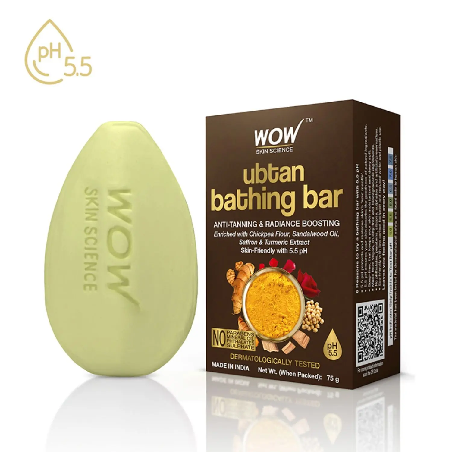 WOW Skin Science Brightening Ubtan Bath Soap Bar - All Skin Type - Anti-tanning With 5.5 Ph - No Artificial Color, Parabens, Mineral Oil - 75 g