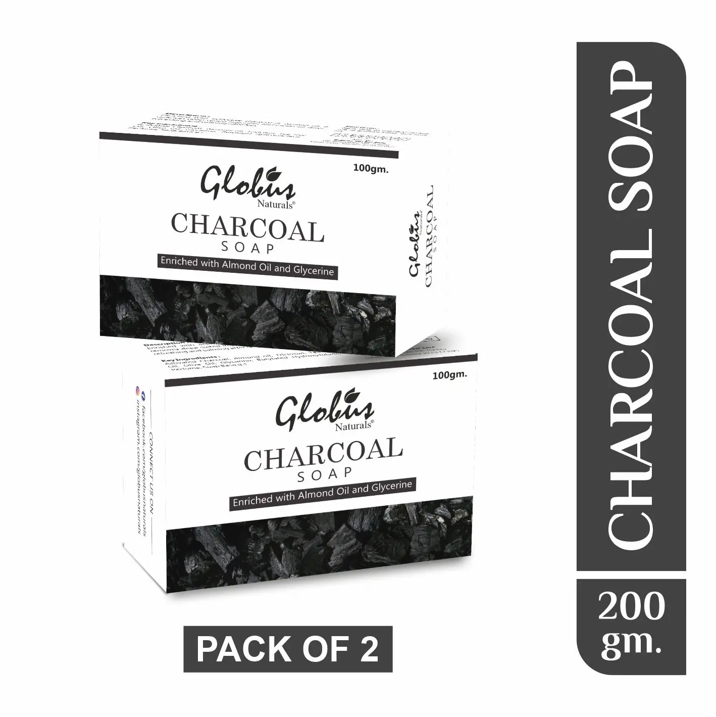 Globus Naturals Deep Cleaning & Exfoliating Activated Charcoal Soap Enriched With Tea Tree | Almond Oil | Glycerine 100Gm (Pack Of 2)