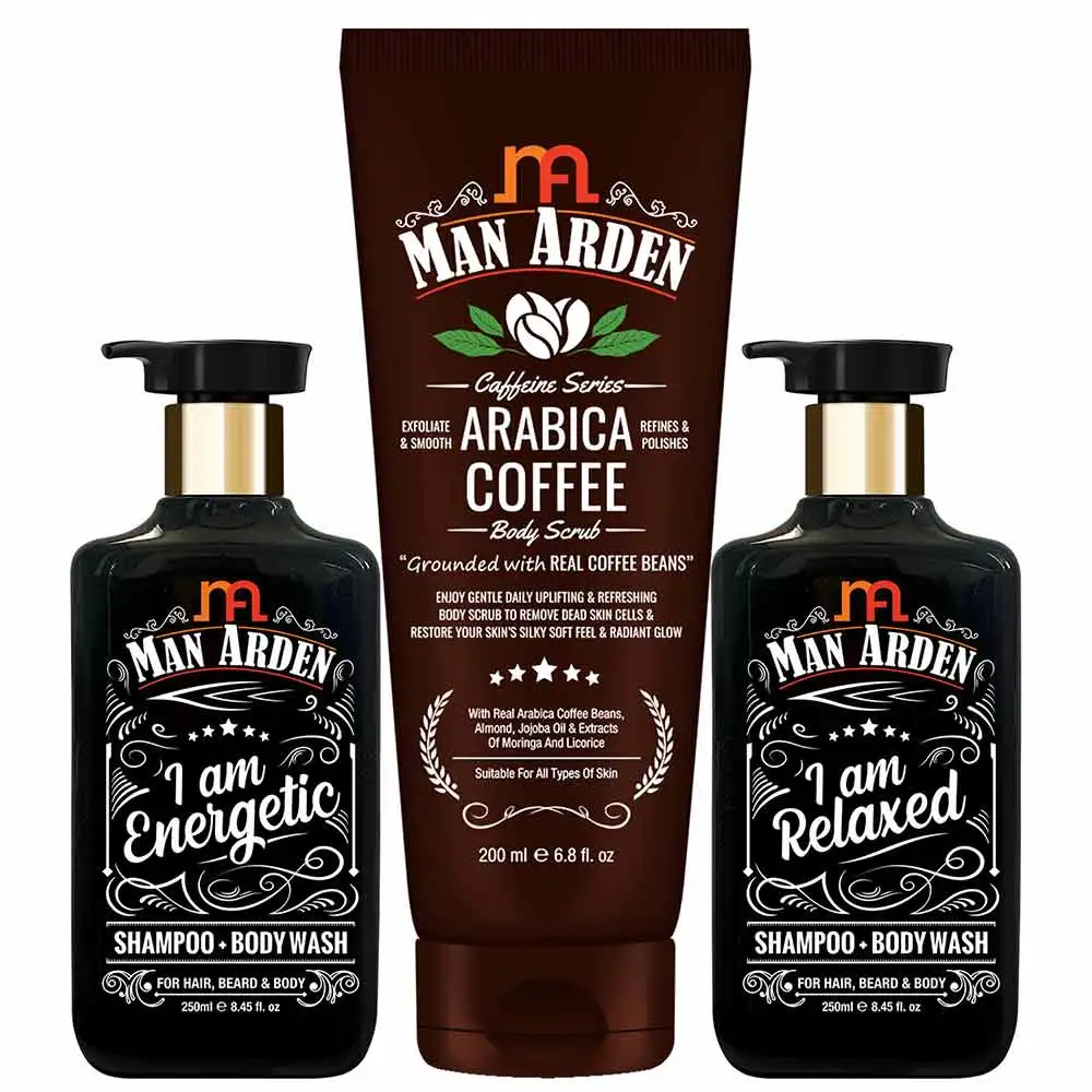 Man Arden 2 Shampoo + Body Wash & Arabica Coffee Body Scrub Combo,  3 Piece(s)/Pack  I am Energetic, I am Relaxed