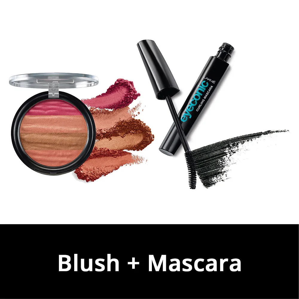 Lakme Absolute Illuminating Blush Shimmer Brick - In Pink + Eyeconic Curling Mascara - Black Combo