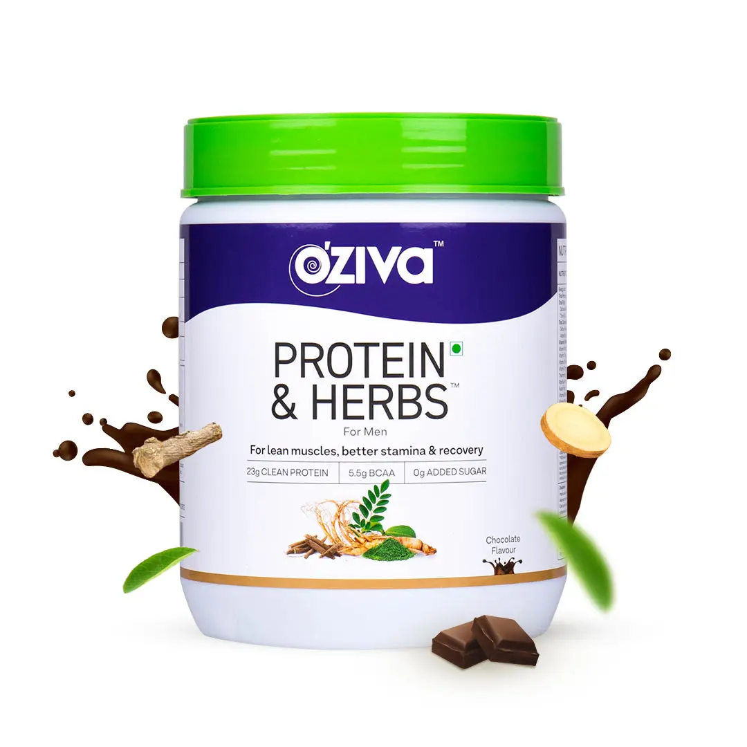 OZiva Protein & Herbs, Men (23g Whey Protein, 5.5g BCAA & Ayurvedic herbs like Ashwagandha, Chlorella & Musli) for Better Stamina & Lean Muscles, Chocolate, 500g