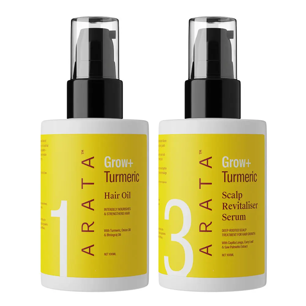 Arata Grow + Turmeric Range | Turmeric Oil (100 GM) & Scalp Revitaliser Serum ( 100 ML) | Powered By Capilia Longaa€“ A Natural Active Ingredient | Boosts Hair Growth & Reduces Thinning