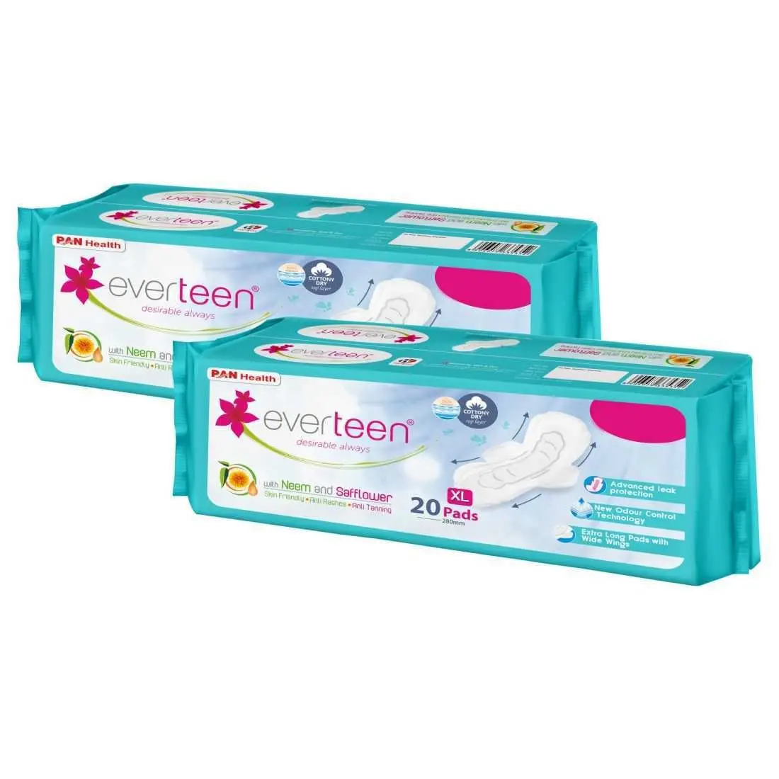 Everteen xl cottony-dry sanitary pads with neem & safflower for women - 2 packs (40paads-280mm) (40pcs)