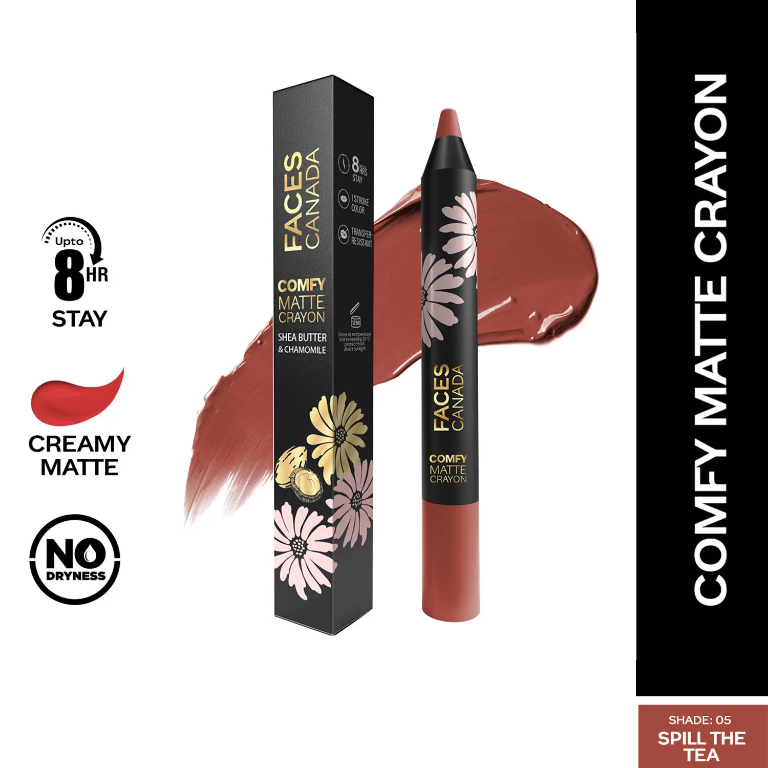 Faces Canada Comfy Matte Crayon I Creamy Matte I Chamomile & Shea Butter I Alcohol-free I Spill the tea 05 2.8g