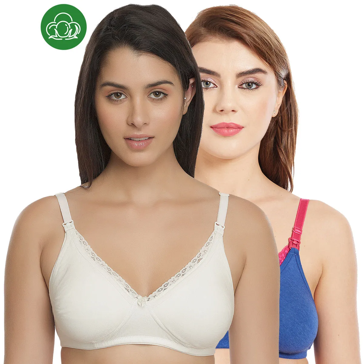 Inner Sense Organic Cotton Antimicrobial Laced Nursing Bra Pack of 2 - Multi-Color