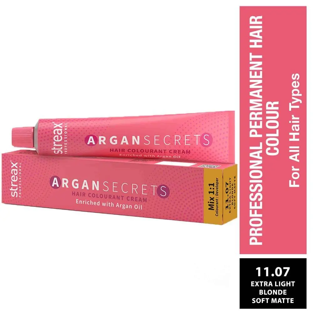 Streax Professional Argan Secrets Permanent Hair Colourant Cream - Extra Light Blonde Soft Matte 11.07 ( Enriched with Argan Oil) For All hair types , 60g