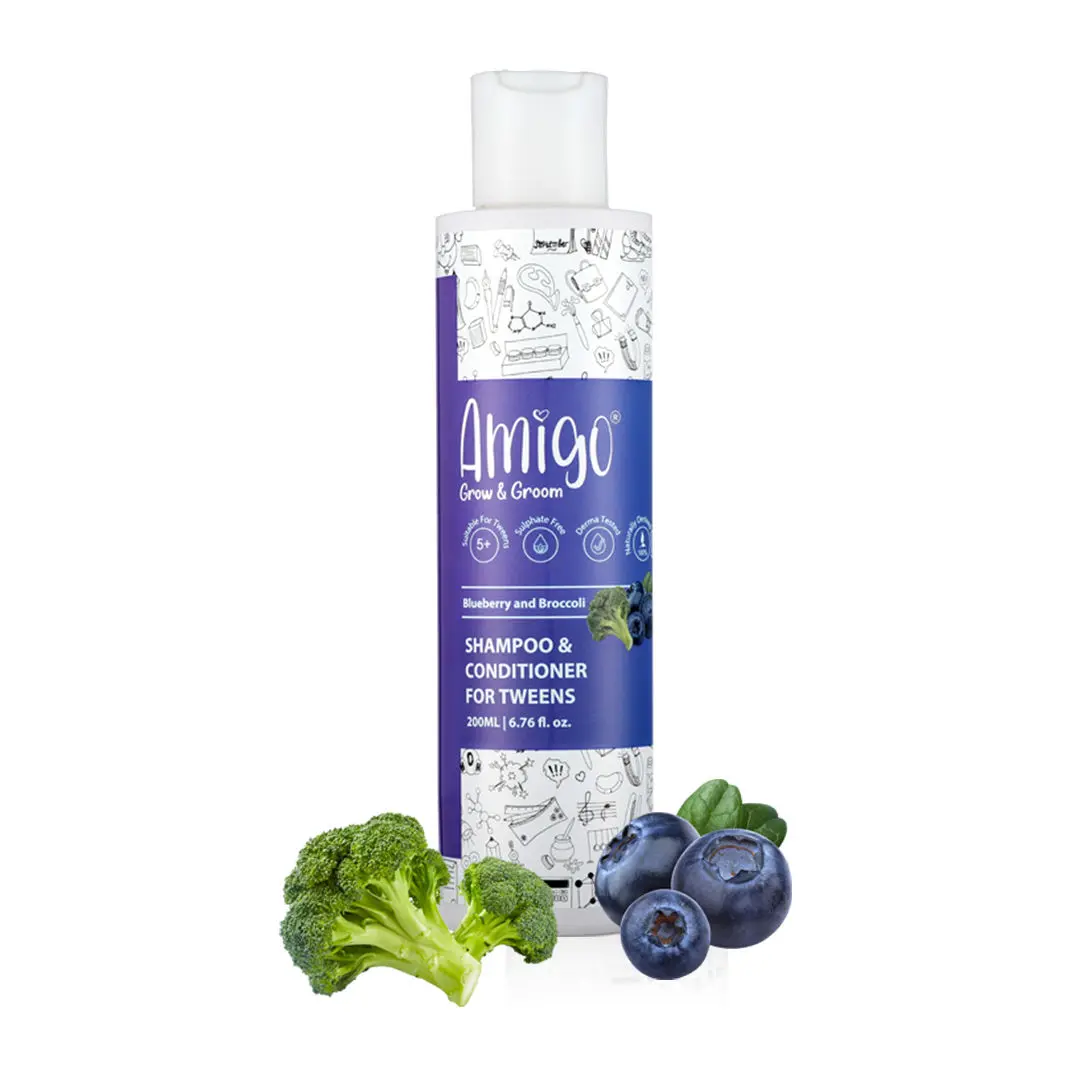 Amigo 2 IN 1 Shampoo & Conditioner for Kids, Paraben & Sulfate Free, Gentle & Mild with Blueberry & Broccoli extracts (200 ml)