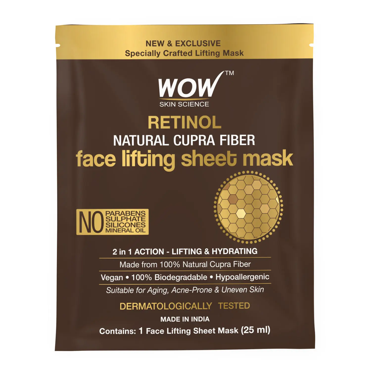 WOW Skin Science Retinol Natural Cupra Fiber Face Lifting Sheet Mask - Boosts Collagen, Reduces Fine Lines & Even Out Complexion - 25ml