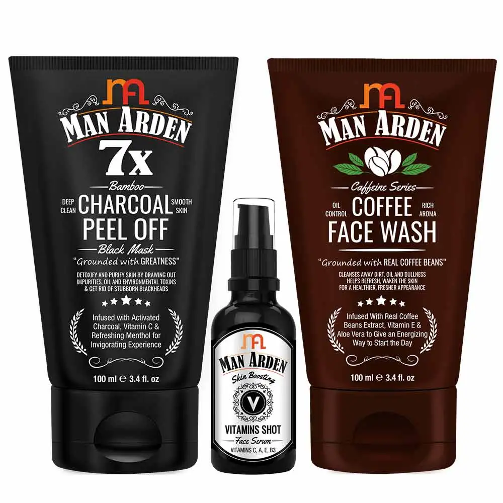 Man Arden Skin Boosting Combo,  3 Piece(s)/Pack  Charcoal Peel Off Mask, Vitamins Shot Face Serum, Coffee Face Wash