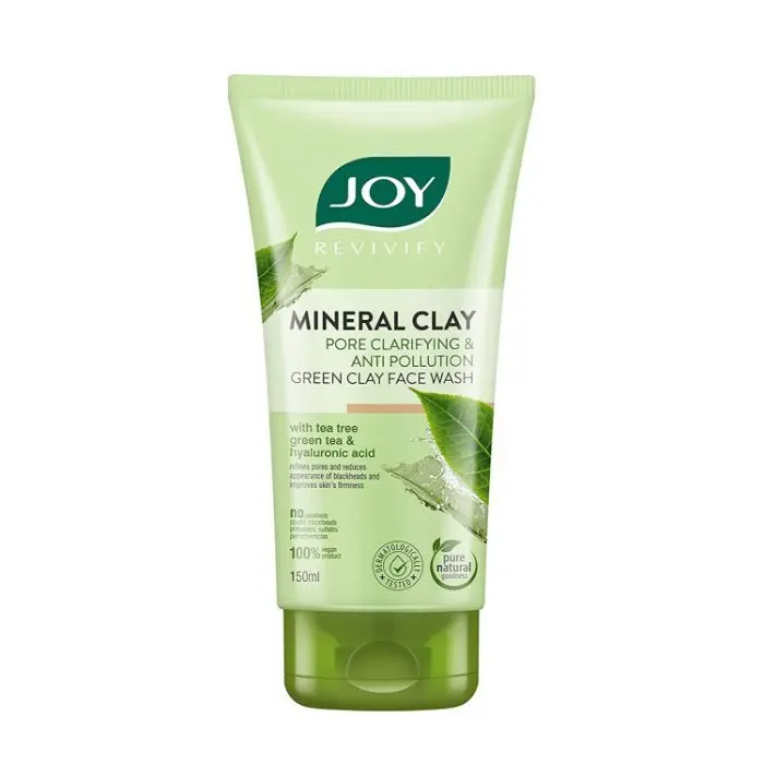 Joy Revivify Mineral Clay Pore Clarifying and Anti-Pollution Green Clay Face wash | With Tea Tree, Green Tea and Hyaluronic Acid | Reduces Blackheads, Firms Skin| 100% Vegan | No Parabens, | 150 ml