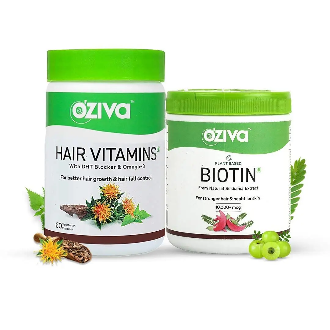 OZiva Gorgeous Hair Routine (OZiva Plant Based Biotin. 10,000+ mcg + OZiva Hair Vitamins )