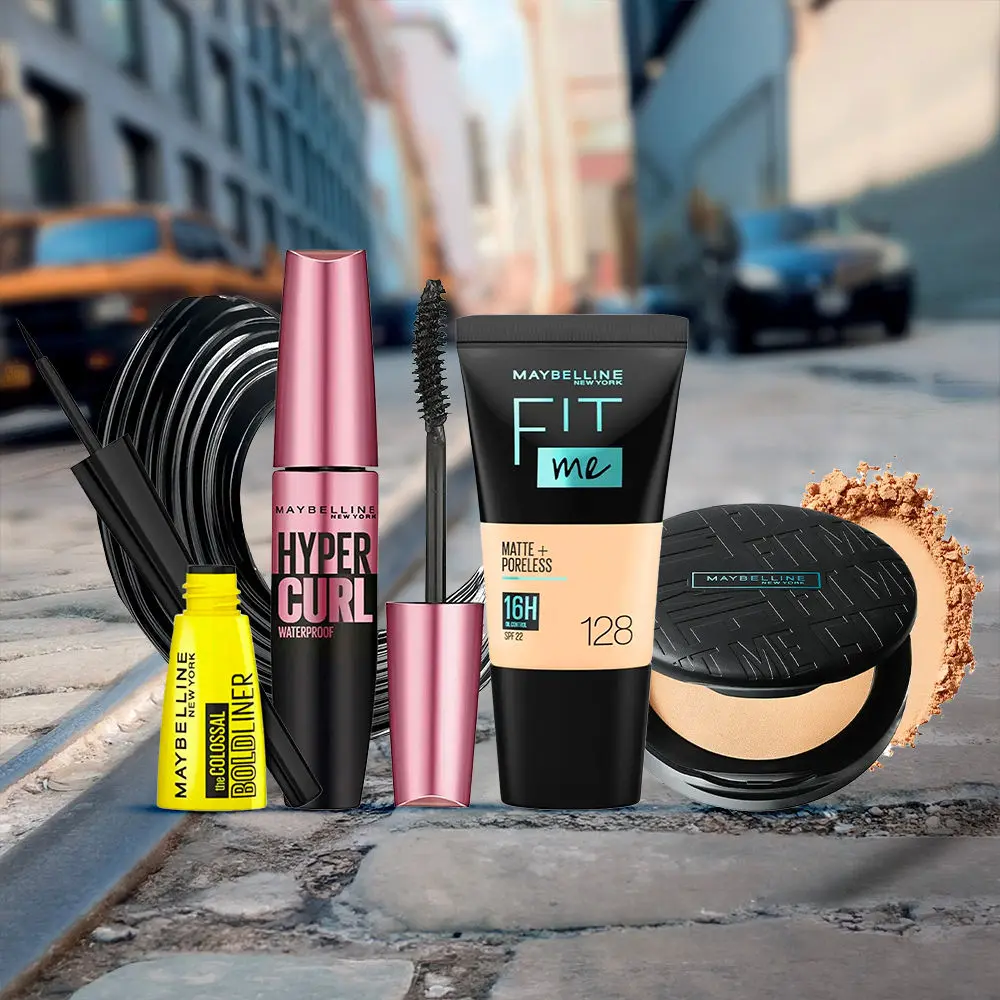 Maybelline NewYork Radiant Beauty Must-Haves 1 | Fit Me Compact 128(6g) | Fit Me Liquid Foundation Tube 128 (18ml) | Hypercurl Mascara Waterproof Very Black (9.2 g) | Colossal Bold Eyeliner, Black(3g)