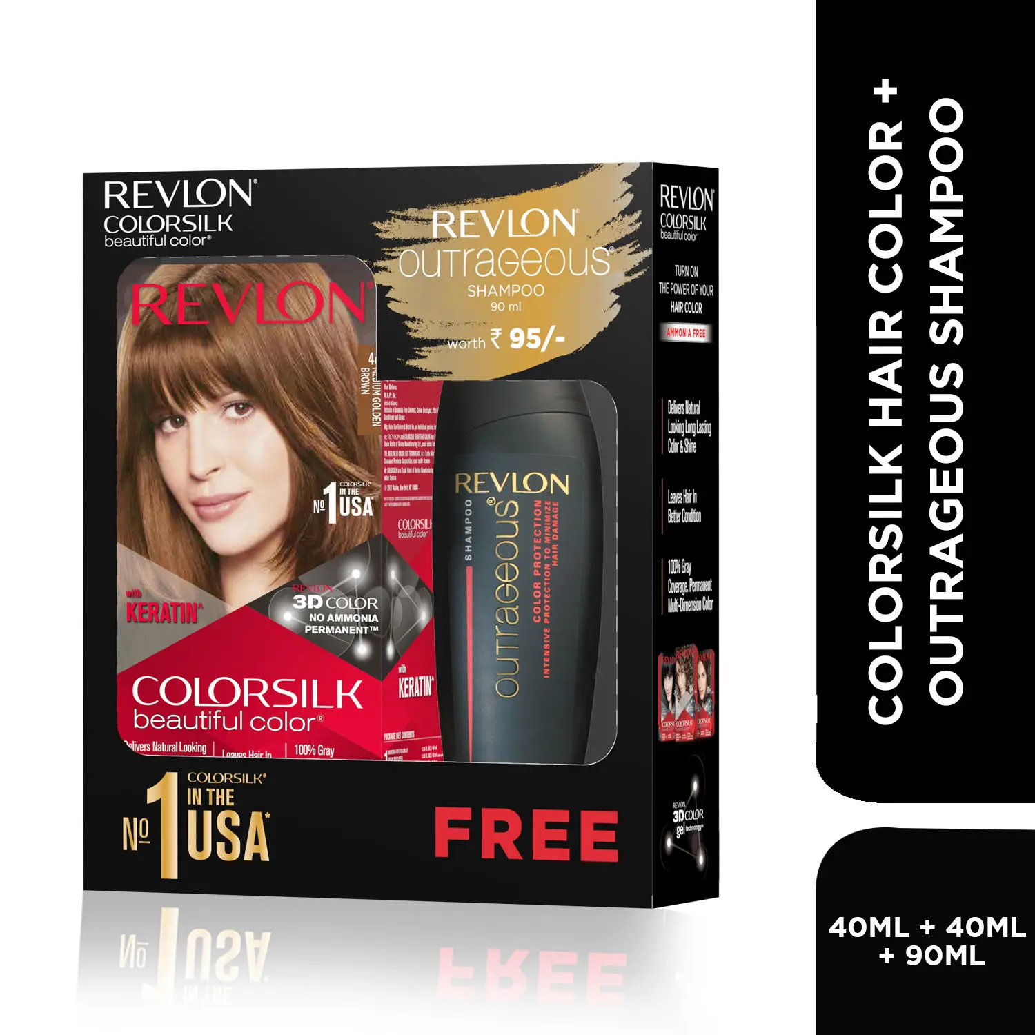 Revlon ColorSilk Hair Color with Keratin - 4G Medium Golden Brown - (with Outrageous Shampoo 90 ml)