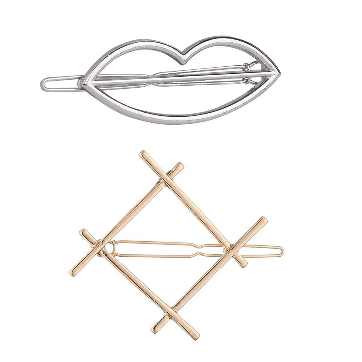 OOMPH Combo Of 2 Silver & Gold Tone Hot Lips/kiss & Square Geometric Hair Clips