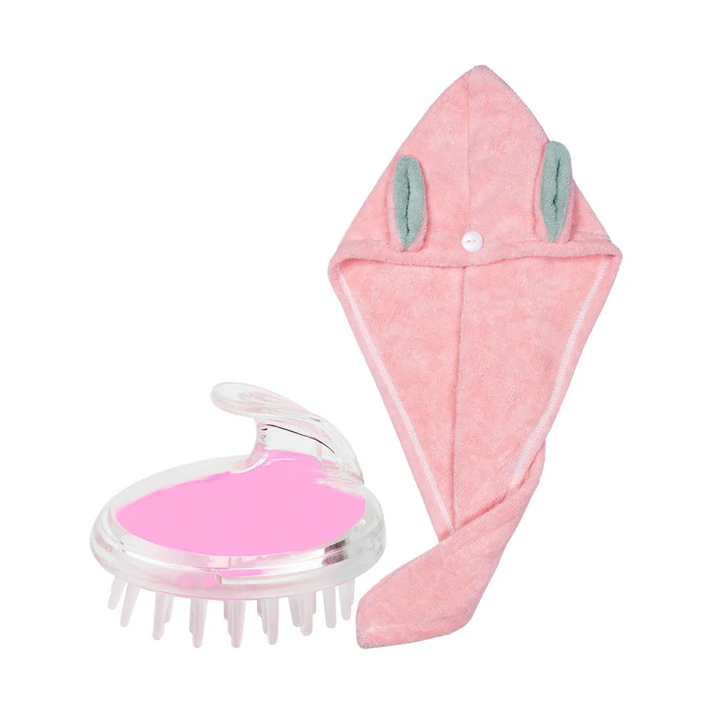 Streak Street Microfiber Hair Towel- Candy Floss Bunny + Smooch Pink Massager And Shampoo Brush