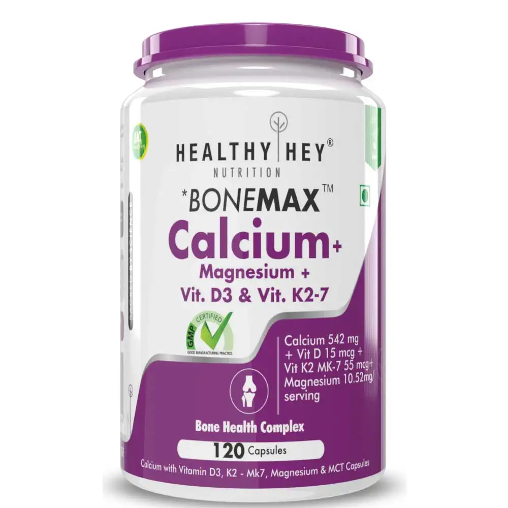 HealthyHey Nutrition Calcium + Magnesium with Vitamin D3 & K2 Mk7,  120 capsules  Unflavoured