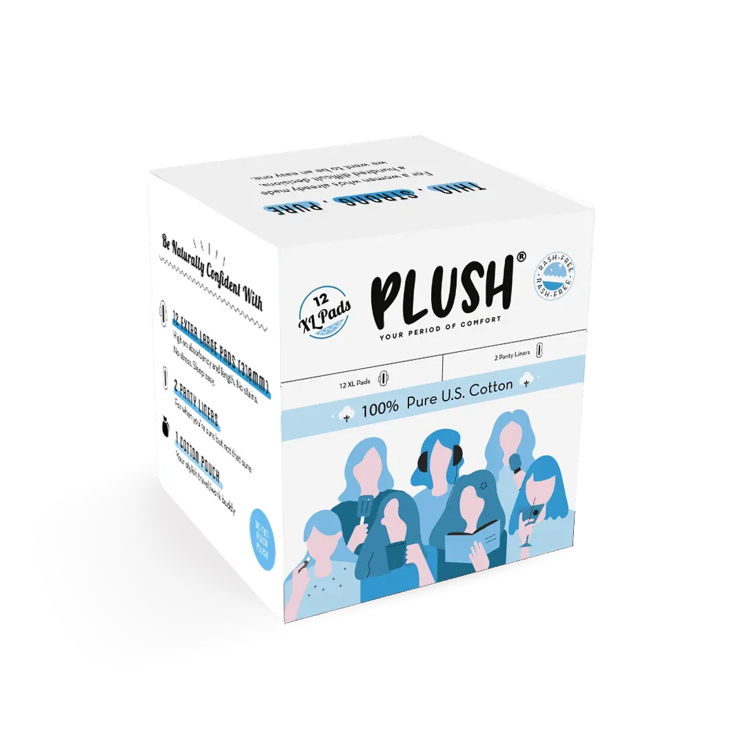 Plush 100% Pure US Cotton Ultra-Thin Rash Free Natural Sanitary Pads - 12 Pads || 12 XL Pads, 2 Panty Liners