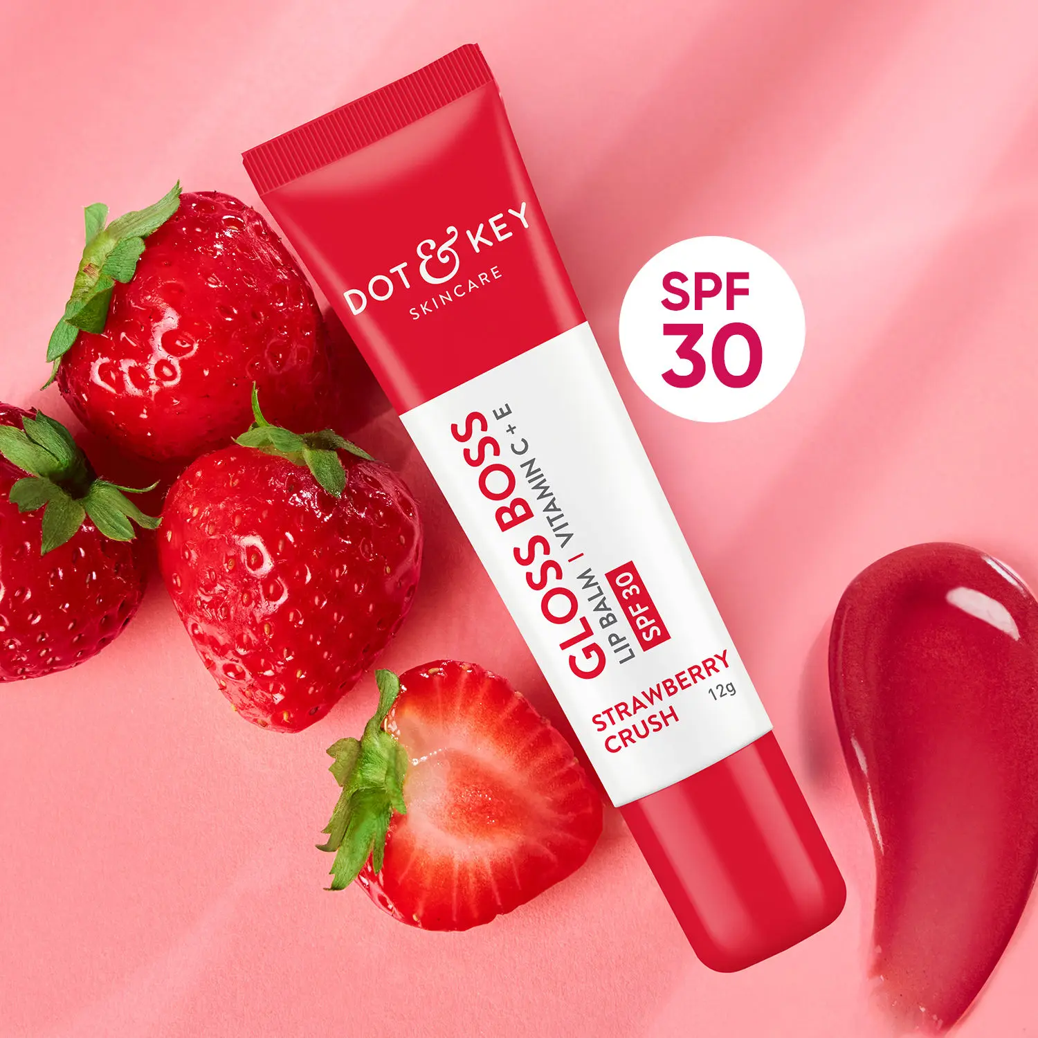 Dot & Key Strawberry Crush Lip Balm for soft and naturally pink lips| SPF 30 & Vitamin C+E| fades lip pigmentation|for dark lips - 12g