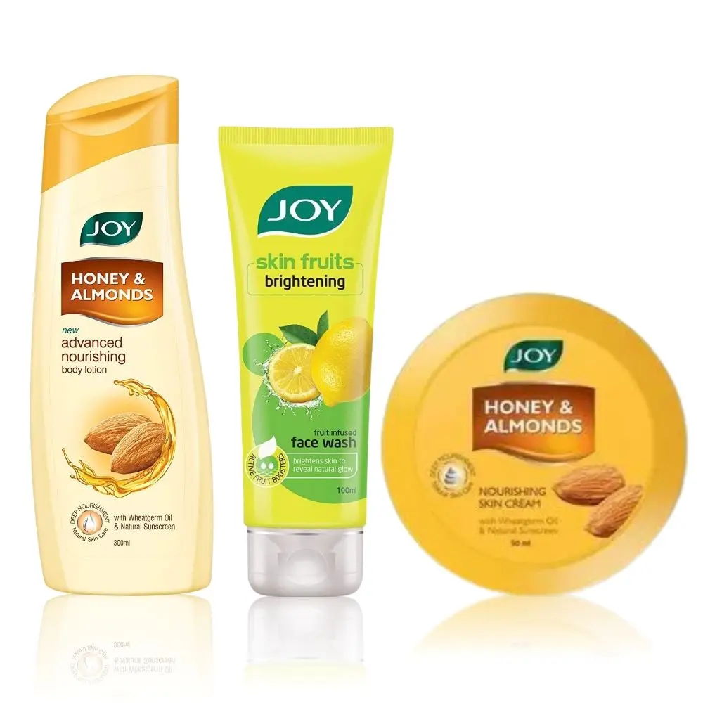 Joy Honey & Almonds Advanced Nourishing Body Lotion 300ml + Honey & Almonds Nourishing Skin Cream 500ml+ Skin Fruits Active Brighteing Lemon Face Wash 100ml  (3 Items in the set)