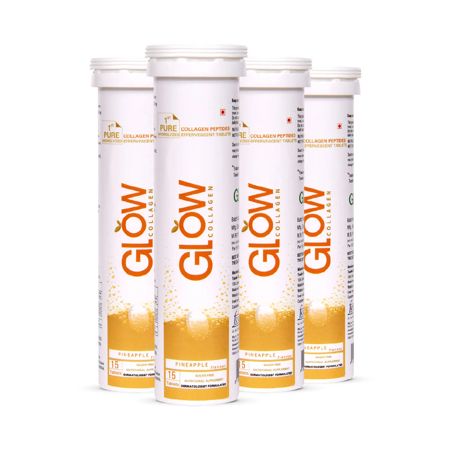 GLOWGLUTATHIONE Glow Collagen 1000 1st Collagen Peptides (Hydrolyzed) 1000mg Effervescent High Absorption Pineapple Flavour 60 Tablets for Skin, Thick Hair, Stronger Nails and Joints