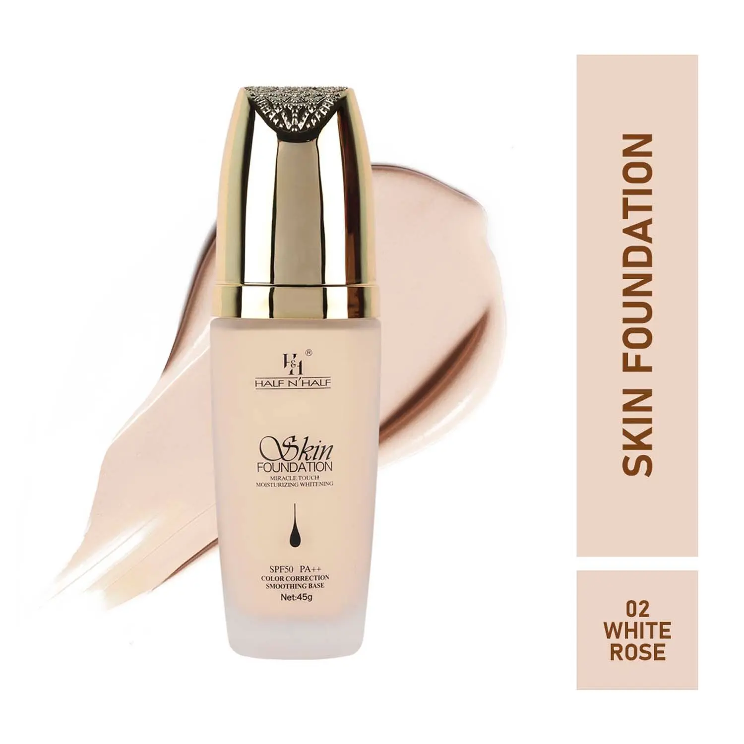 Half N Half Skin Foundation Miracle Touch Moisturizing Whitening, SPF 50 PA++ Colour Correction Smoothing Base, White Rose (45gm)