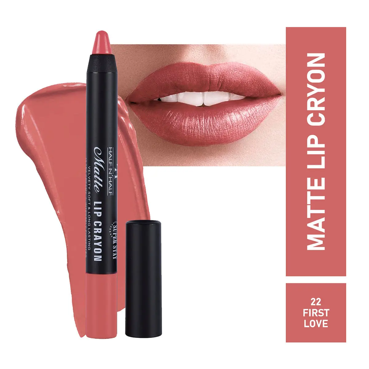 Half N Half Matte Lip Crayon Velvet Soft, Rich Creamy Matte Texture, 24h Super Stay, Waterproof & Non-Transfer, Long Lasting, Matte Finish, 22 First Love (3.5gm)