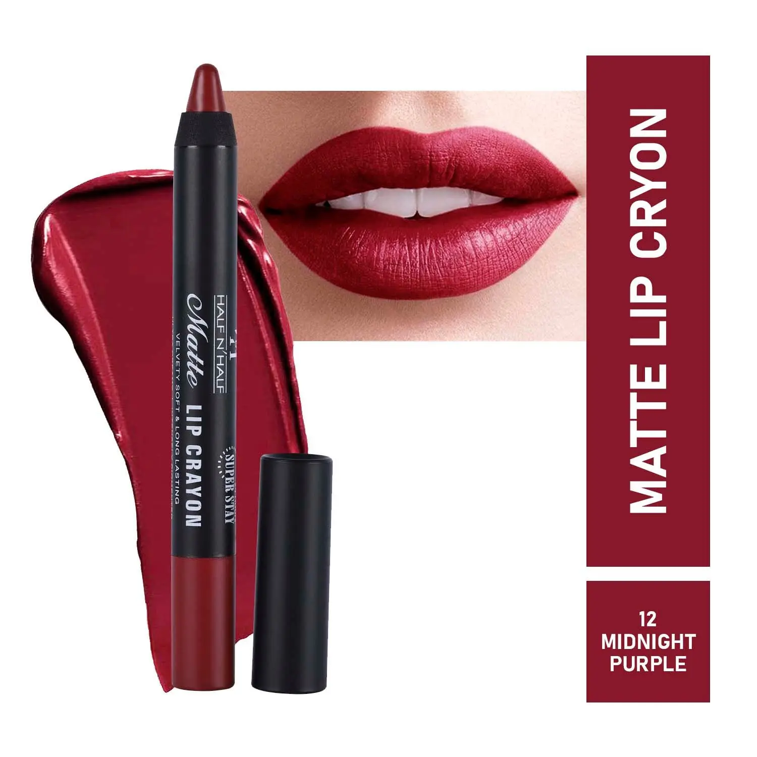 Half N Half Matte Lip Crayon Velvet Soft & Long Lasting, 24h Super Stay, 12 Midnight Purple (3.5gm)