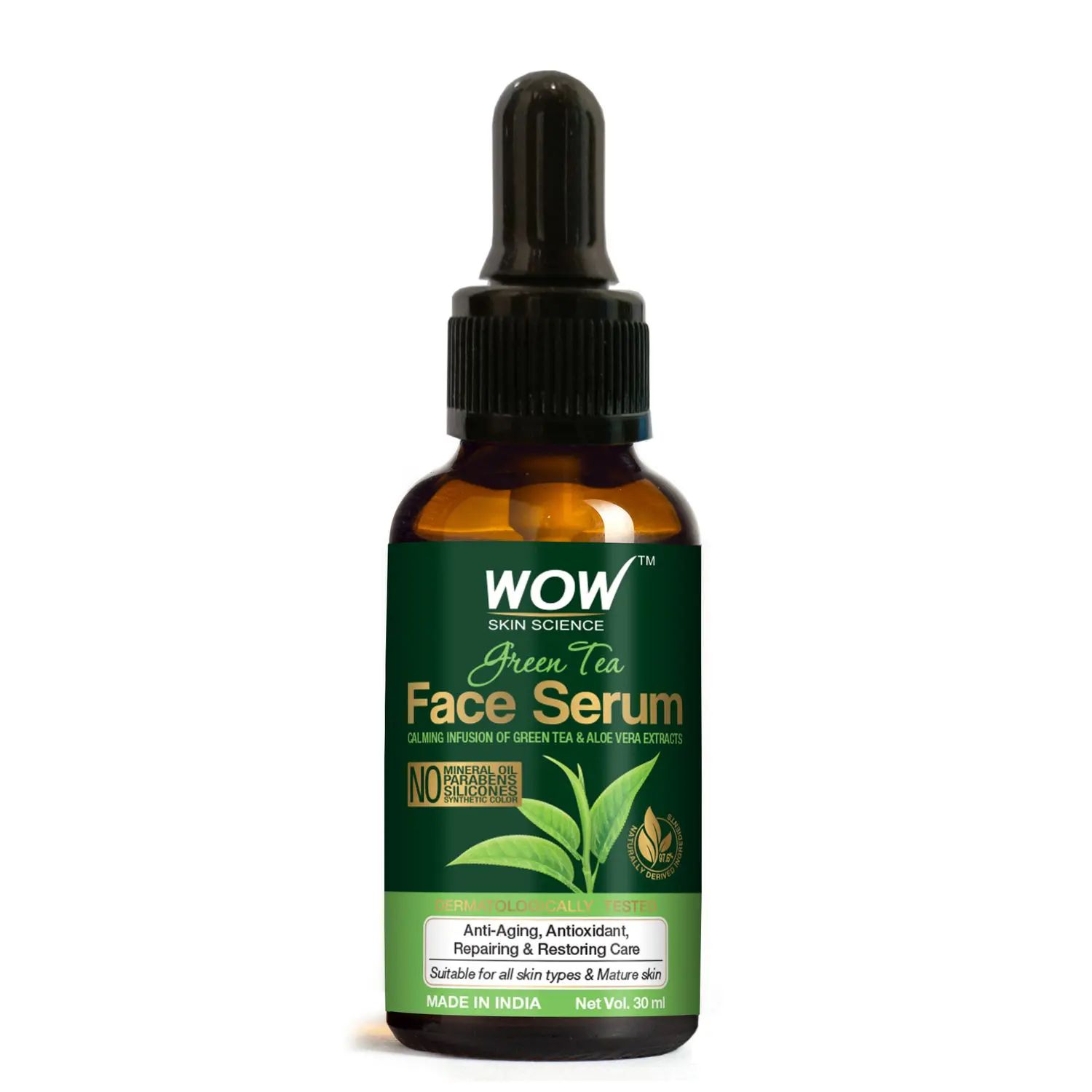 WOW Skin Science Green Tea Face Serum - with Green Tea & Aloe Vera Extracts - for Repairing & Restoring Skin - No Mineral Oil, Parabens, Silicones & Synthetic Color (30 ml)