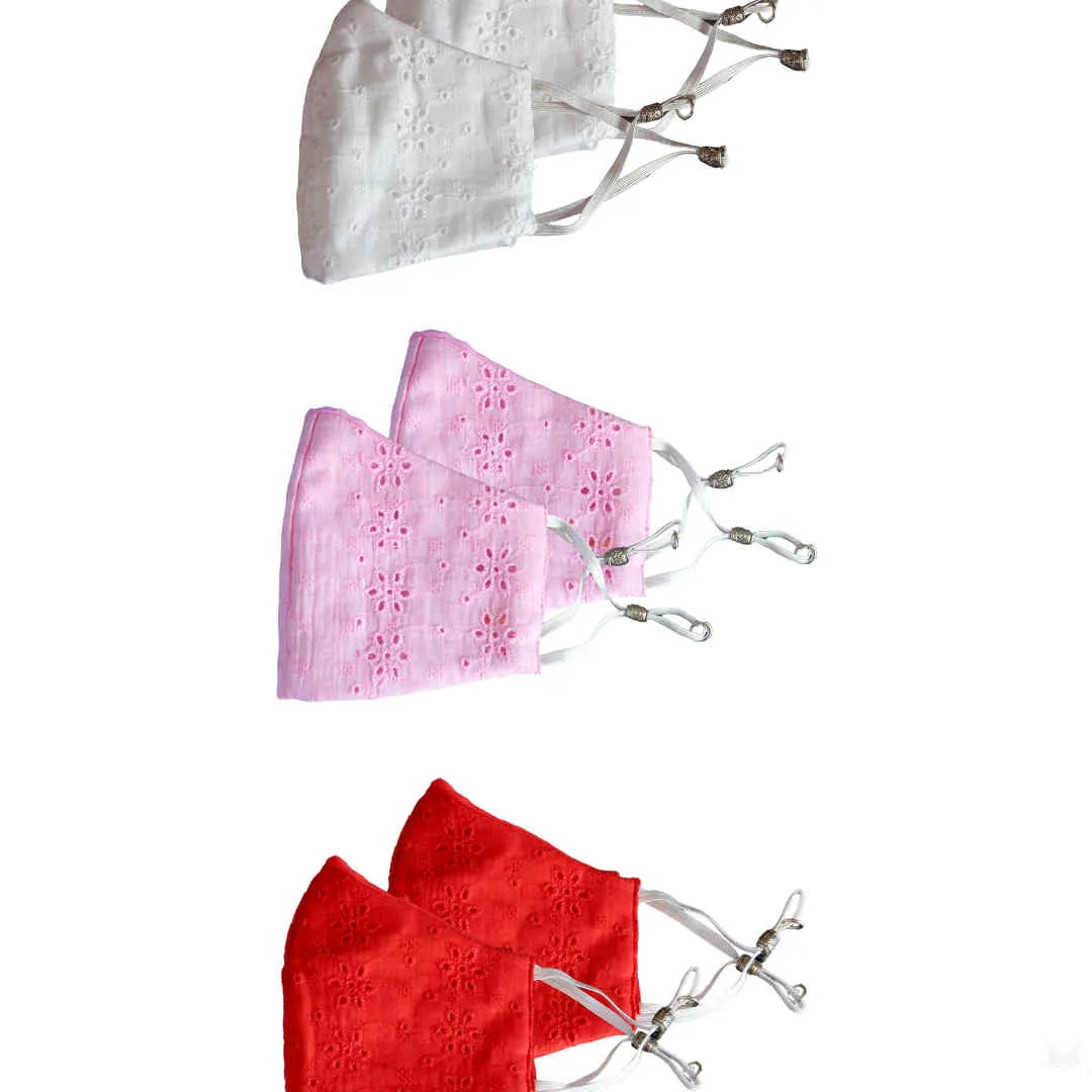 Bellofox White Chikan,Light Pink Chikan And Red Chikan Face Mask (Set Of 6)