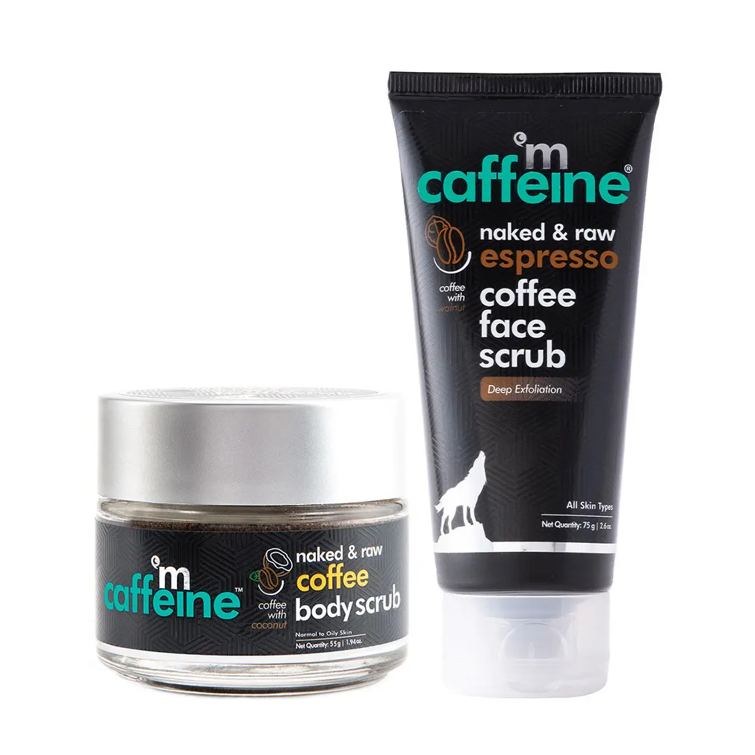 mCaffeine Exfoliating Coffee Body & Face Scrub for Tan, Dirt & Blackheads Removal | De Tan Bathing Scrub Combo for Women & Men with Coffee Body Scrub (55gm) & Espresso Face Scrub (75gm)