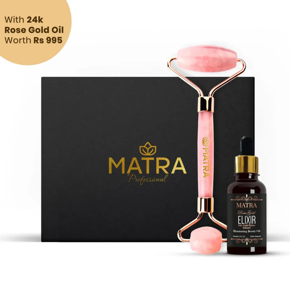 Matra Pure Rose Quartz Facial Roller & Massager with 24K Rose Gold Beauty Oil