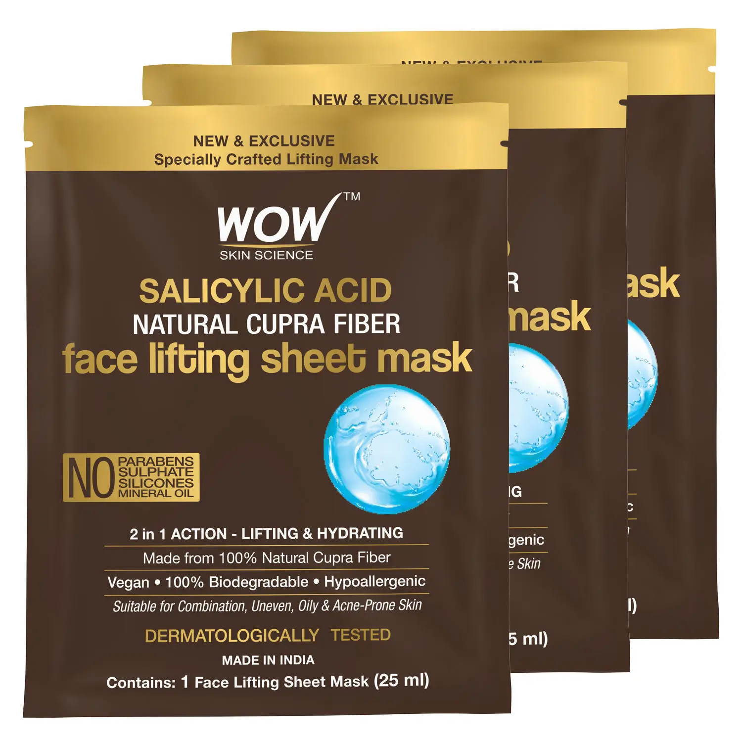 WOW Skin Science Salicylic Acid Natural Fiber Cupra Face Lifting Sheet Mask - Balances Sebum, Controls Acne And Renews Skin - 25 Ml - Pack of 3