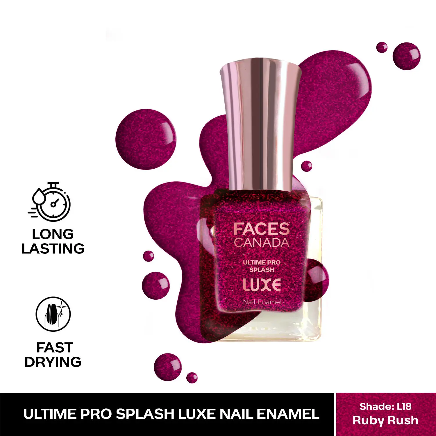 FACESCANADA Ultime Pro Splash Luxe Nail Enamel I Quick-drying I Long lasting I Even-Finish I Vegan I Cruelty-free I Non-Toxic I Ethanol-free I Ruby Rush (L1812ml