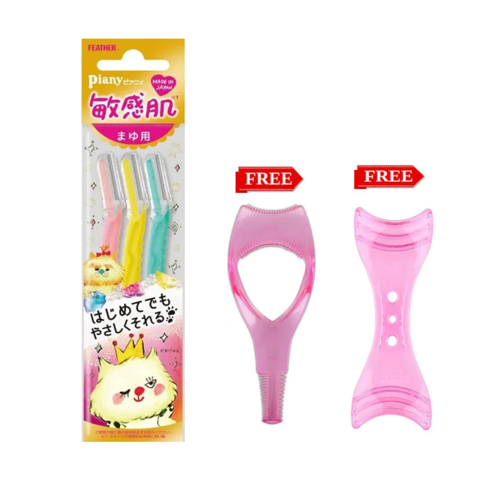 Feather Piany Sensitive Skin Eyebrow Razors With Free Rsc Mascara & Eyeliner Guide Template Tool