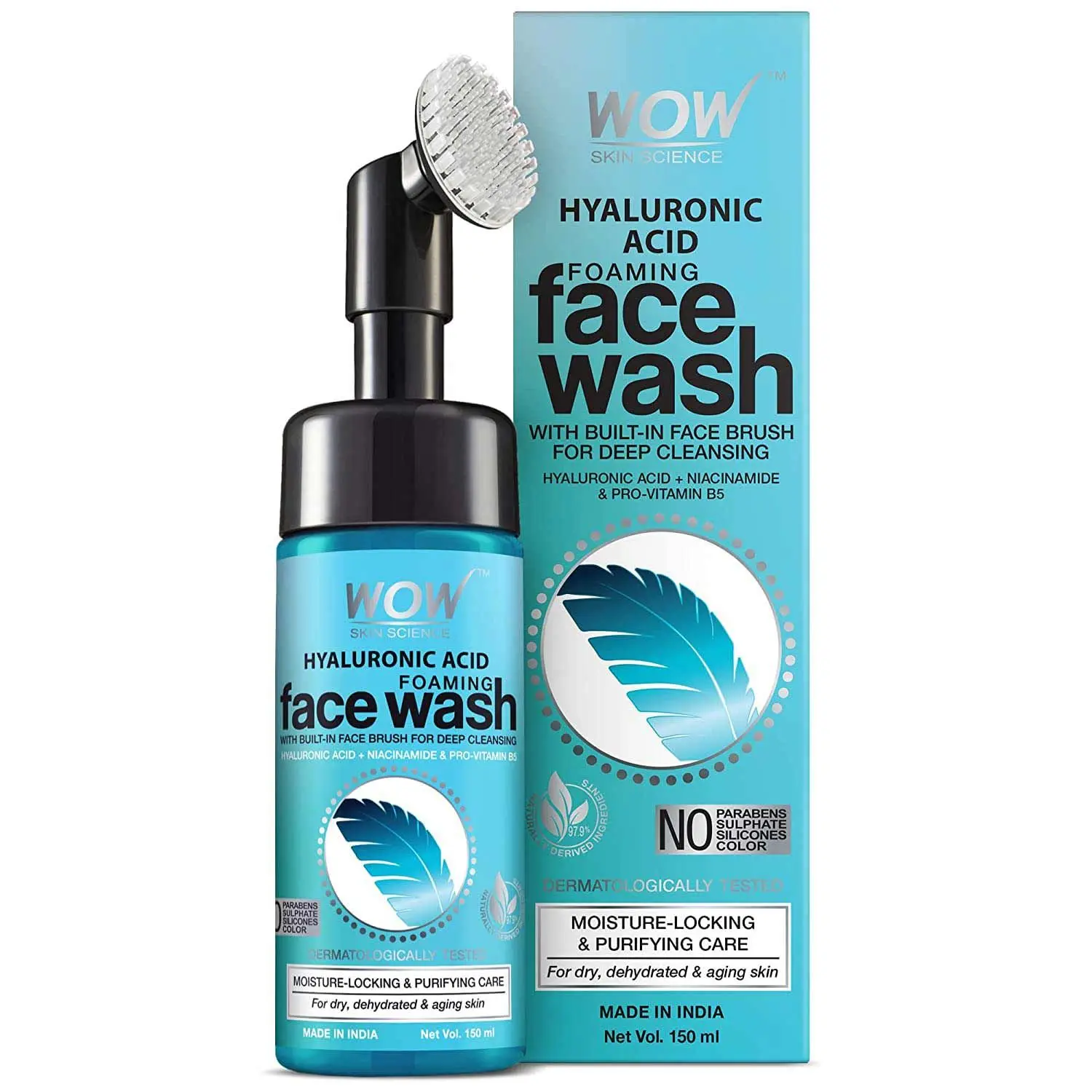 WOW Skin Science Hyaluronic Acid Foaming Face Wash - with Built-In Brush - Facial wash for Dry Skin & Intense Face Cleansing (150 ml)