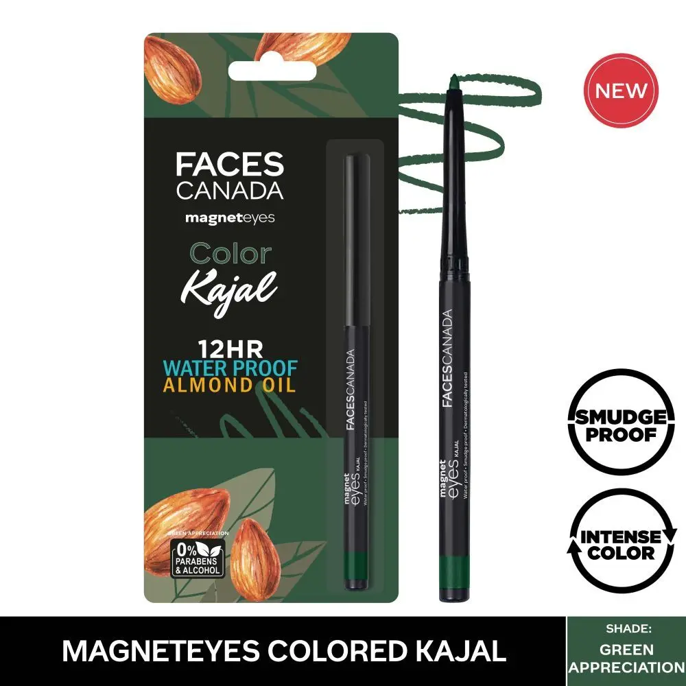 Faces Canada Magneteyes Kajal Waterproof, 12hrs Long Stay, Smudgeproof, Fadeproof, Almond Oil enriched, One Stroke Smooth Glide Green Appreciation 02 (0.30 g)