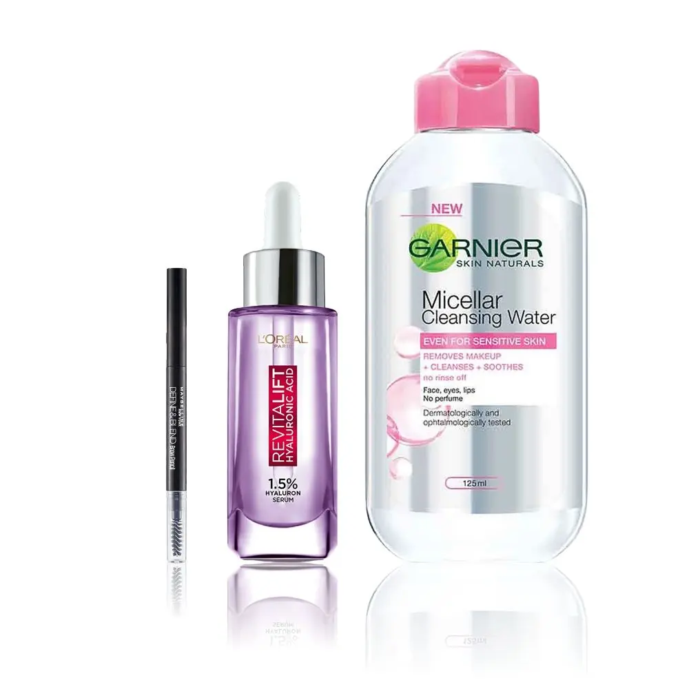 Maybelline x Garnier x L'Oreal Paris Gen Z picks 1 (Maybelline Define & Blend Brow Pencil - Brown, Garnier Micellar Water (125ml), L'Oreal Paris Revitalift 1.5% Hyaluronic Acid Serum (15ml))