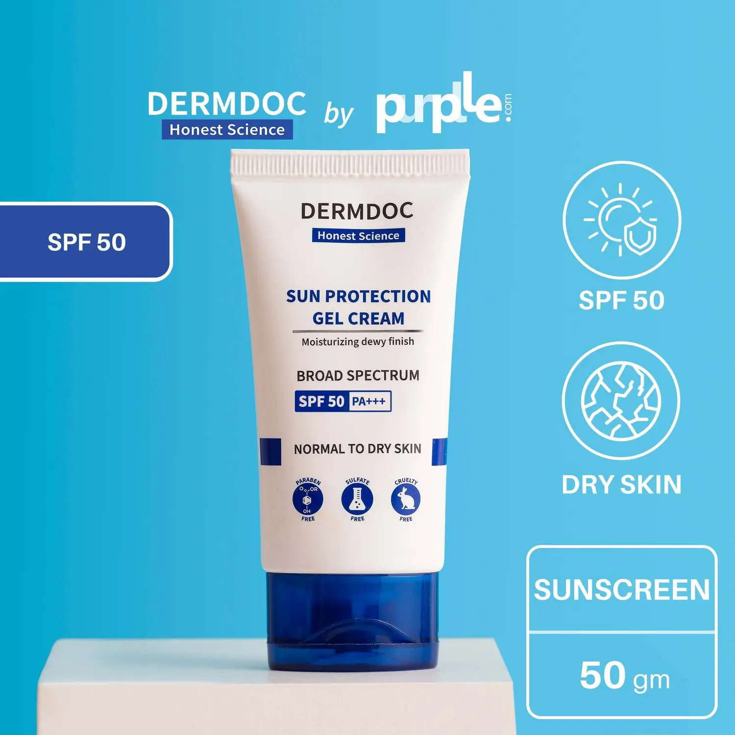 DERMDOC by Purplle UVA & UVB Broad Spectrum Sun Protection Gel Cream with SPF 50 & PA+++ | tan removal cream | sun damage | sunscreen for dry skin | water & sweat resistant sunscreen 50