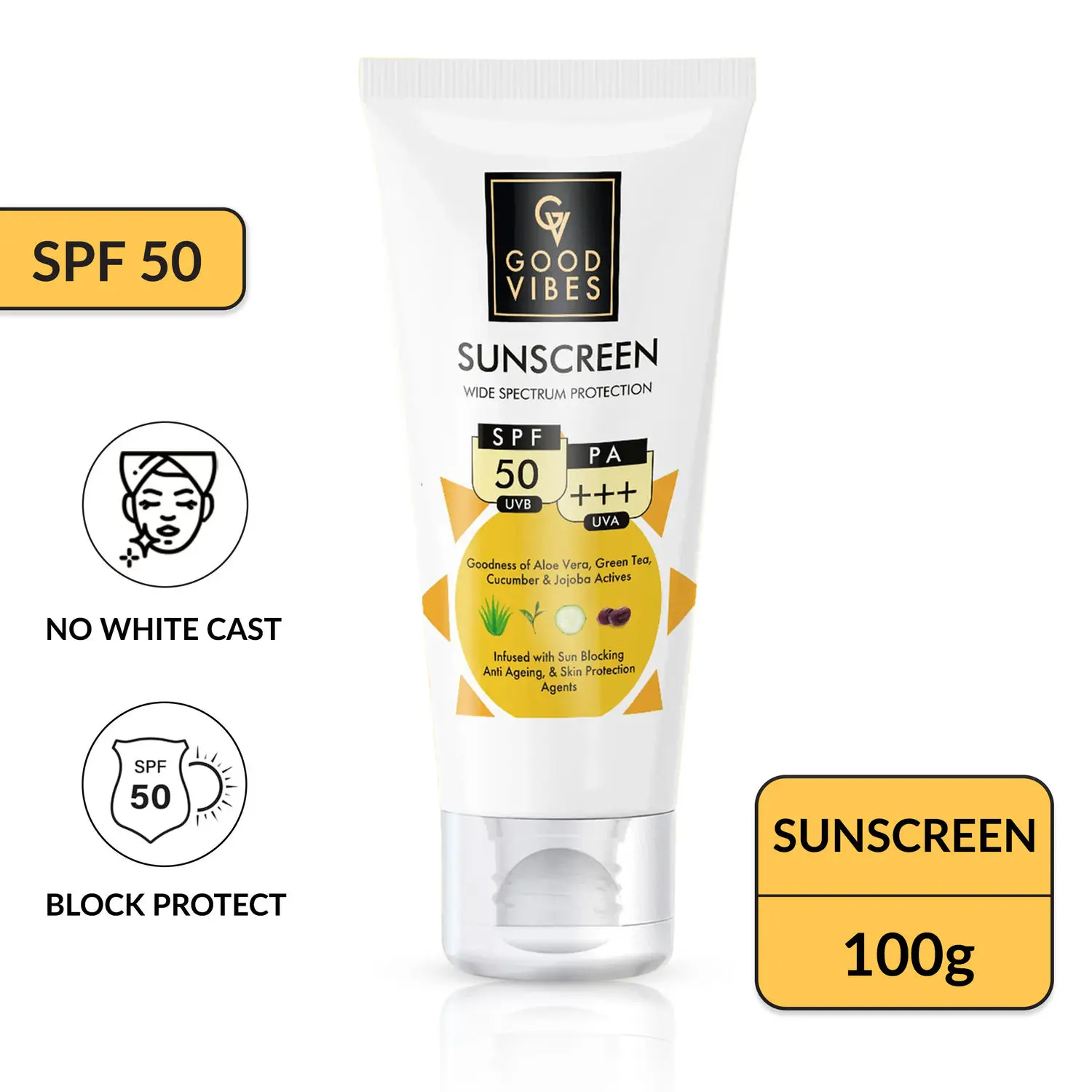 Good Vibes Wide Spectrum Protection Sunscreen with SPF 50 | Non-Greasy, Anti-Ageing | With Aloe Vera | No Parabens, No Animal Testing (100 g)